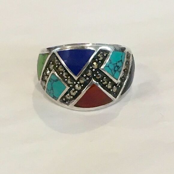 Sterling Silver Marcasite Gemstones Inlay Ring